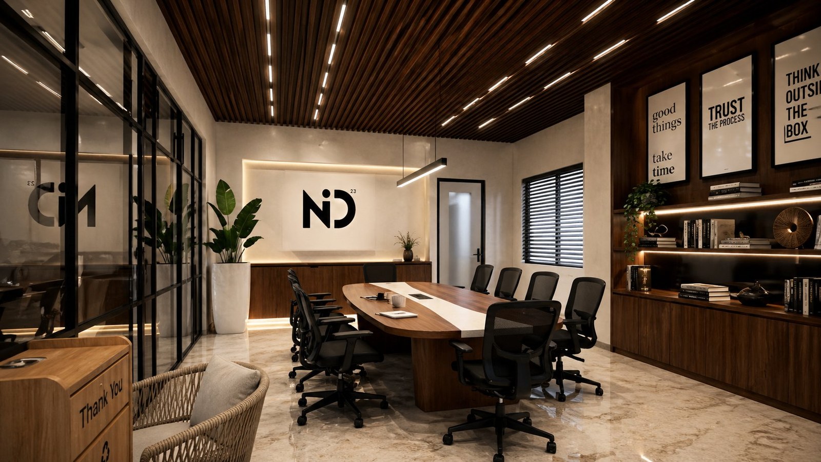 The Studio Boardroom — wide entry view with ND logo wall