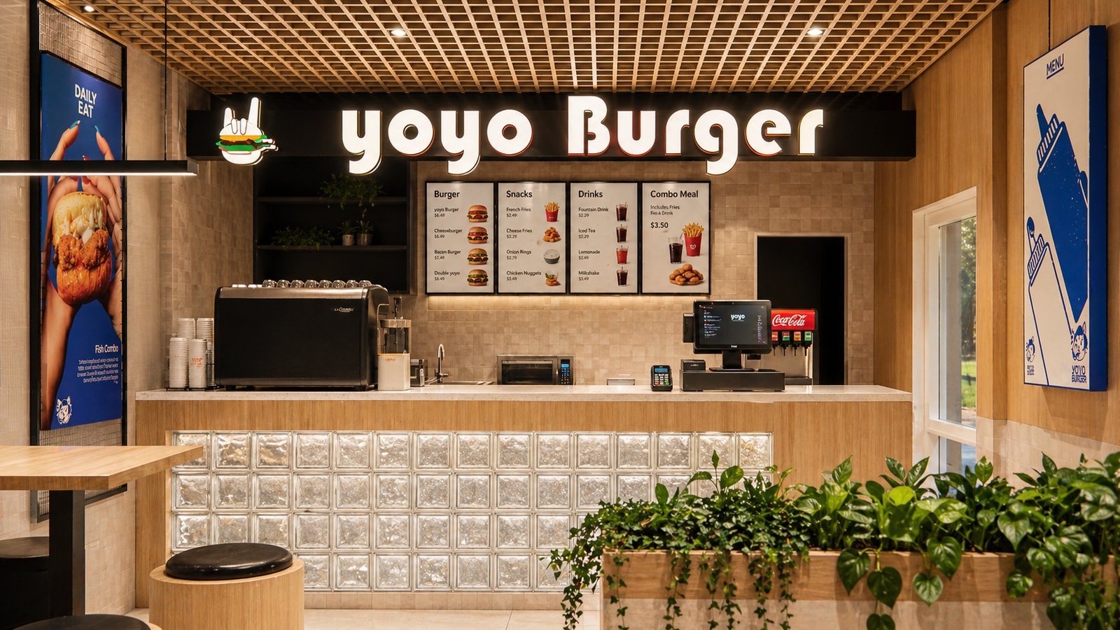 yoyo Burger — counter and menu boards