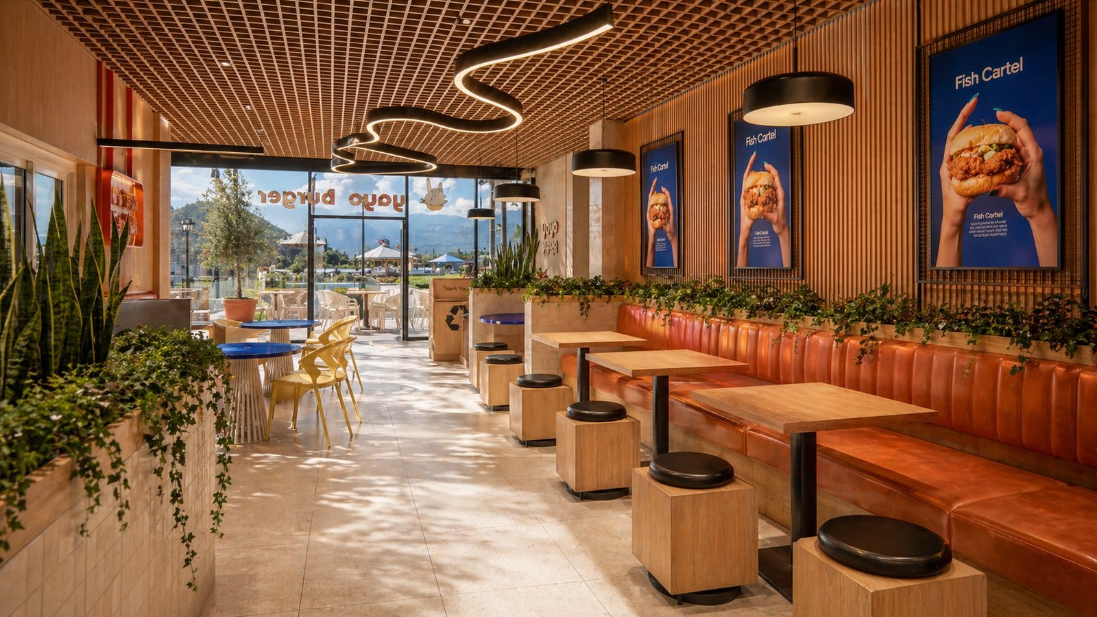 yoyo Burger — banquette seating with brand art