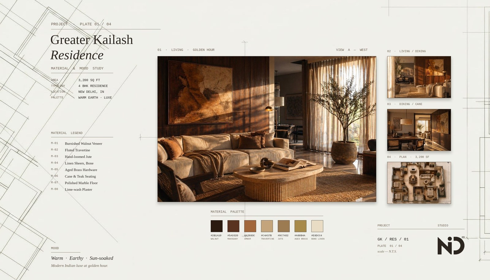 The Greater Kailash House — material & mood study plate