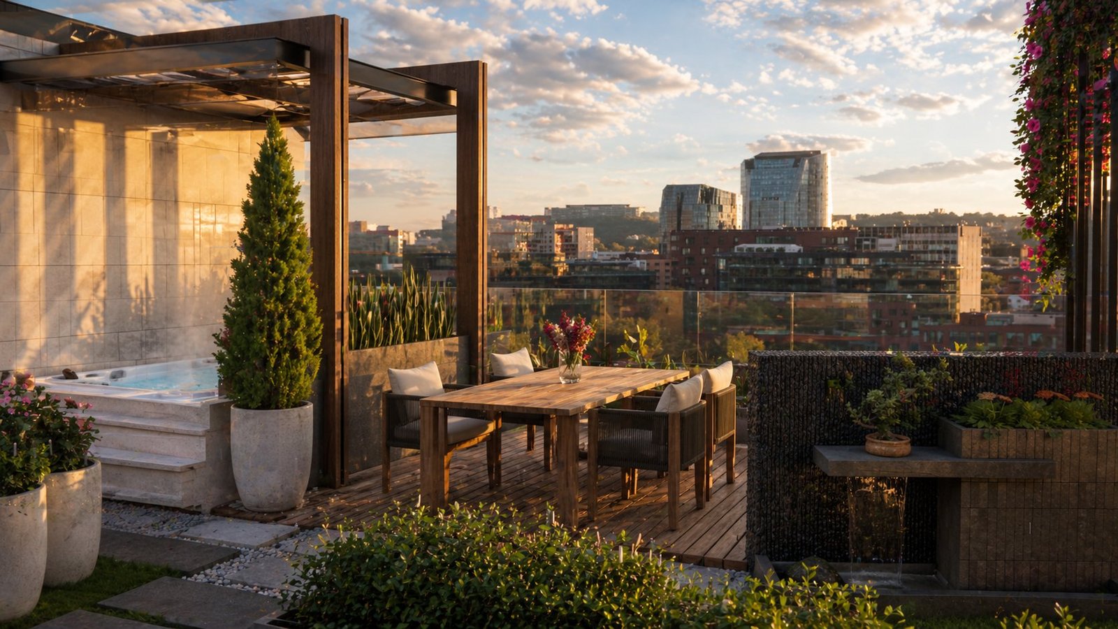 Ahmedabad terrace — pergola dining at golden hour