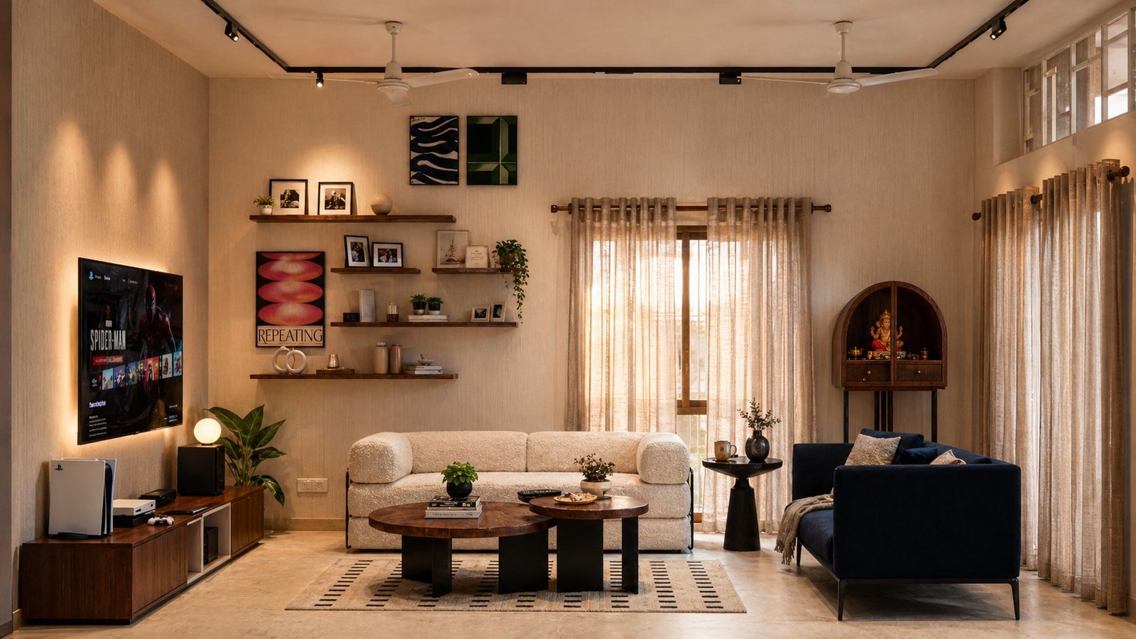 Gurgaon family lounge — wide view with poster wall and TV