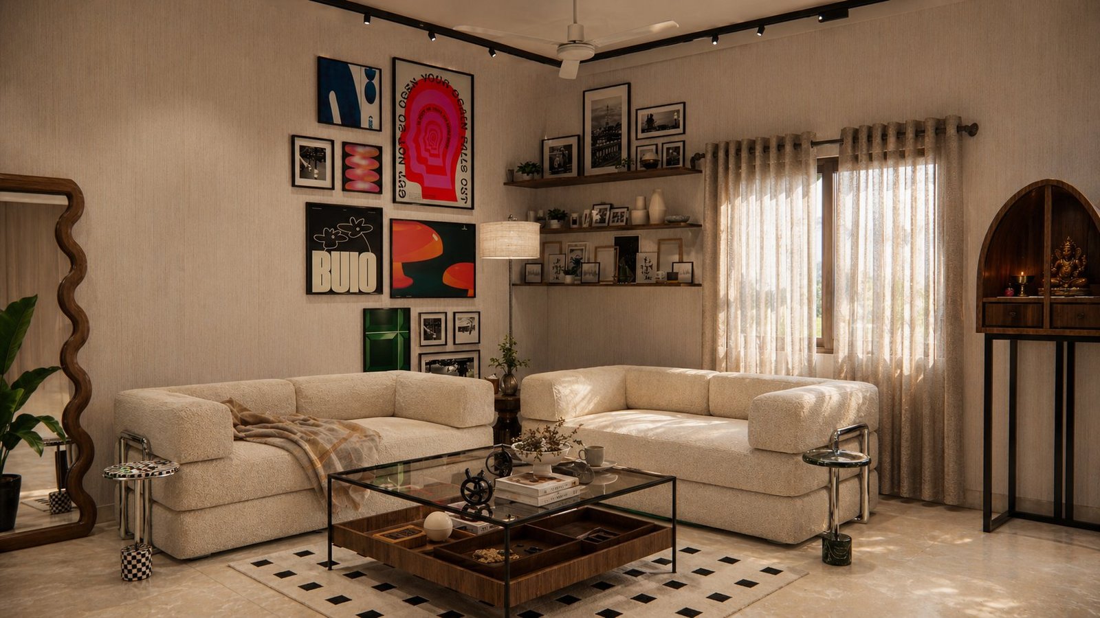 Gurgaon family lounge — poster wall close-up
