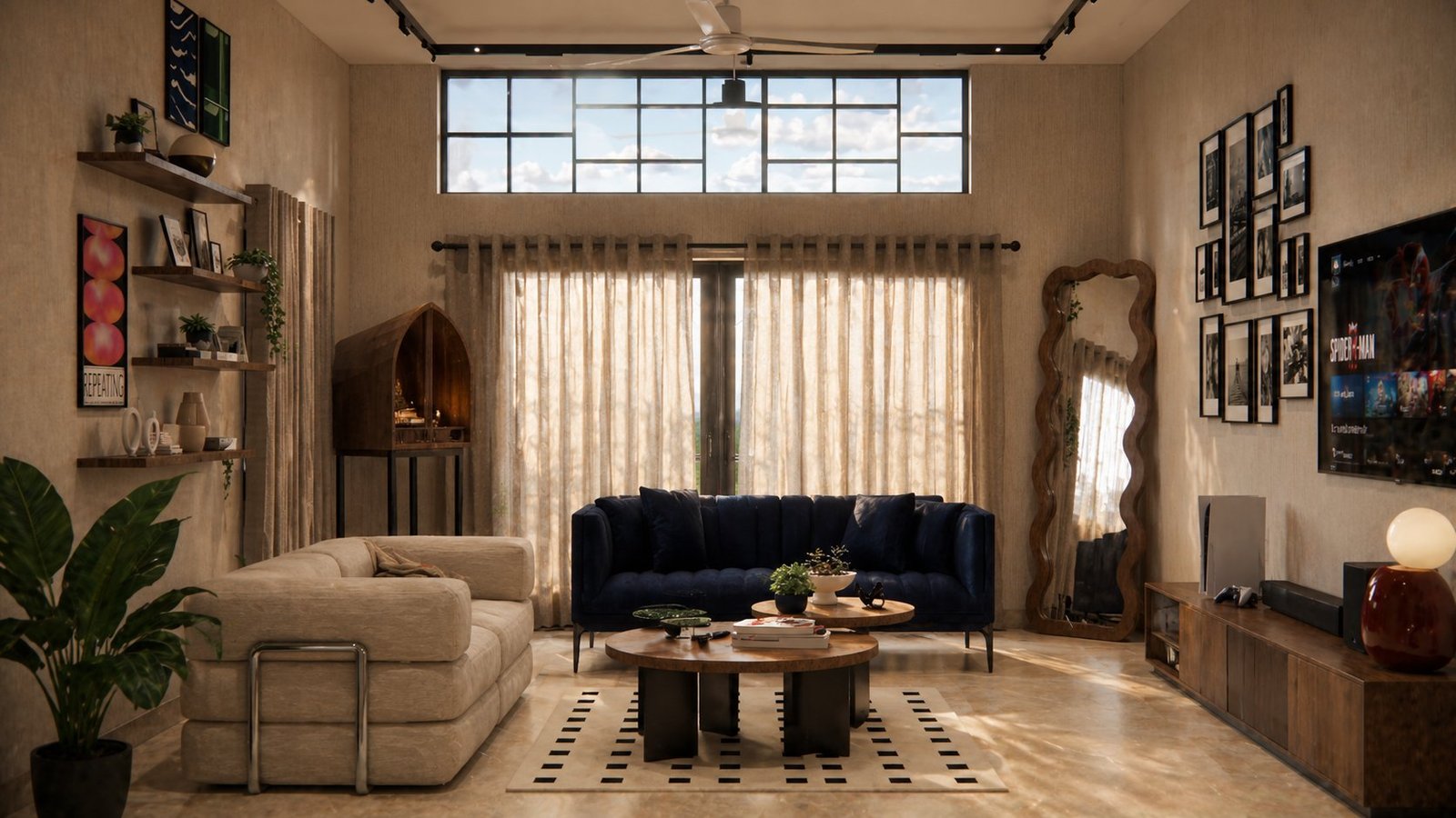 Gurgaon family lounge — alt angle with industrial window