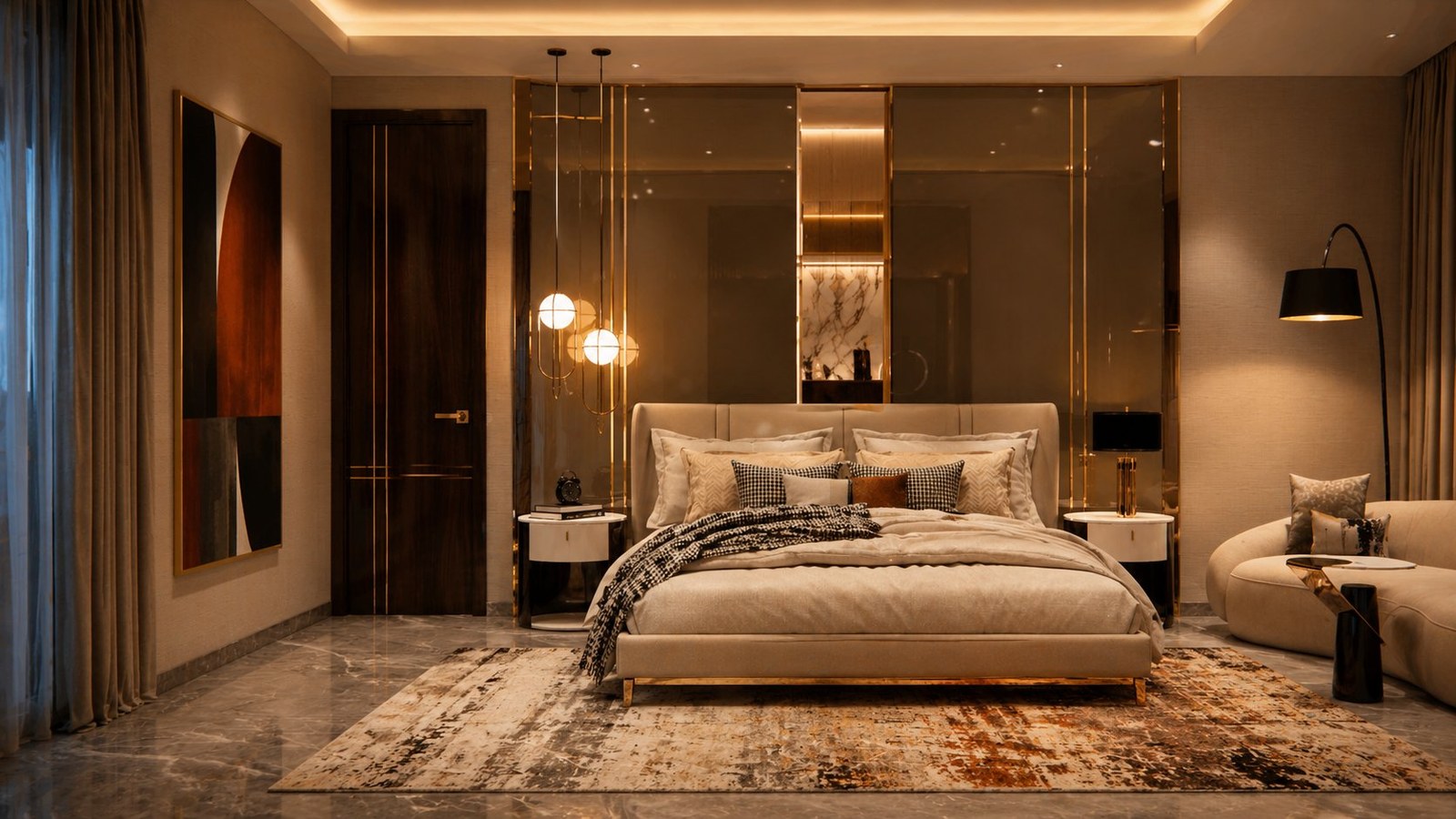 The Ahmedabad Master Suite — bed and bronze mirror wall