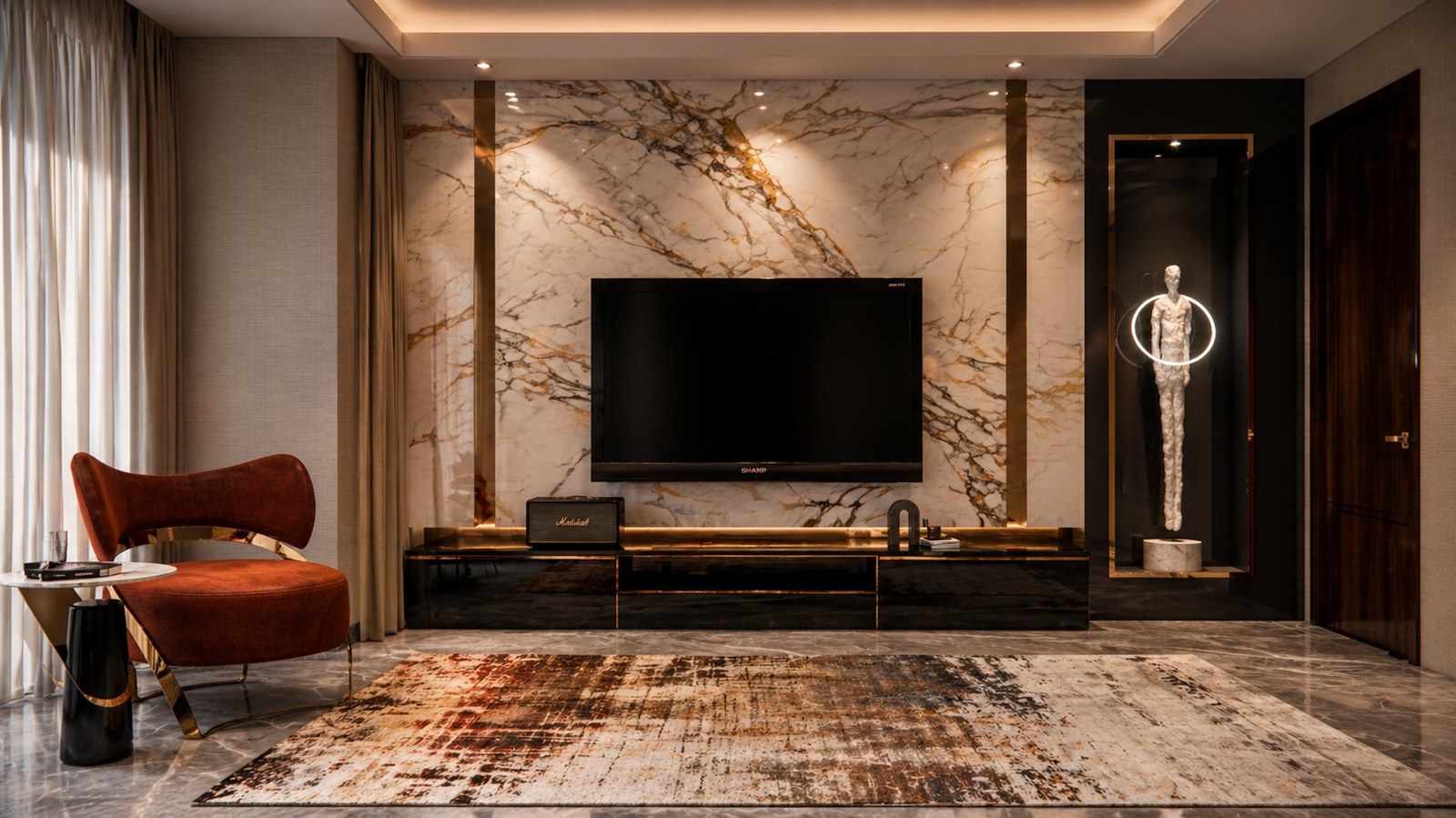 The Ahmedabad Master Suite — Calacatta TV wall and lounge