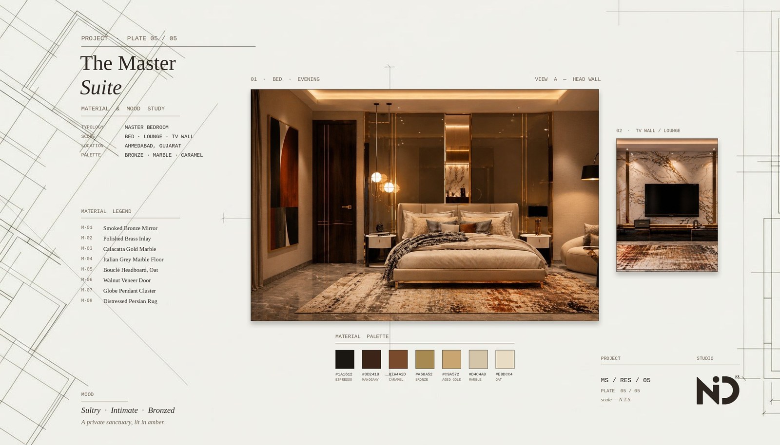The Ahmedabad Master Suite — material & mood study plate